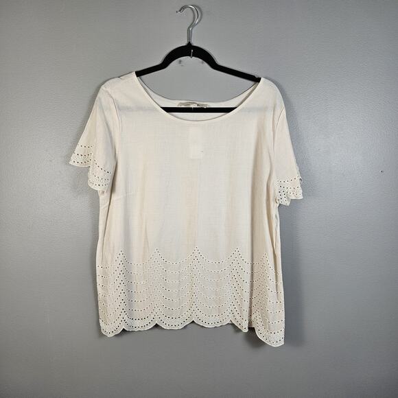 Ann Taylor Loft Beige Eyelet Embroidered Beaded Scallop S/S Top Shirt Large - Picture 1 of 8